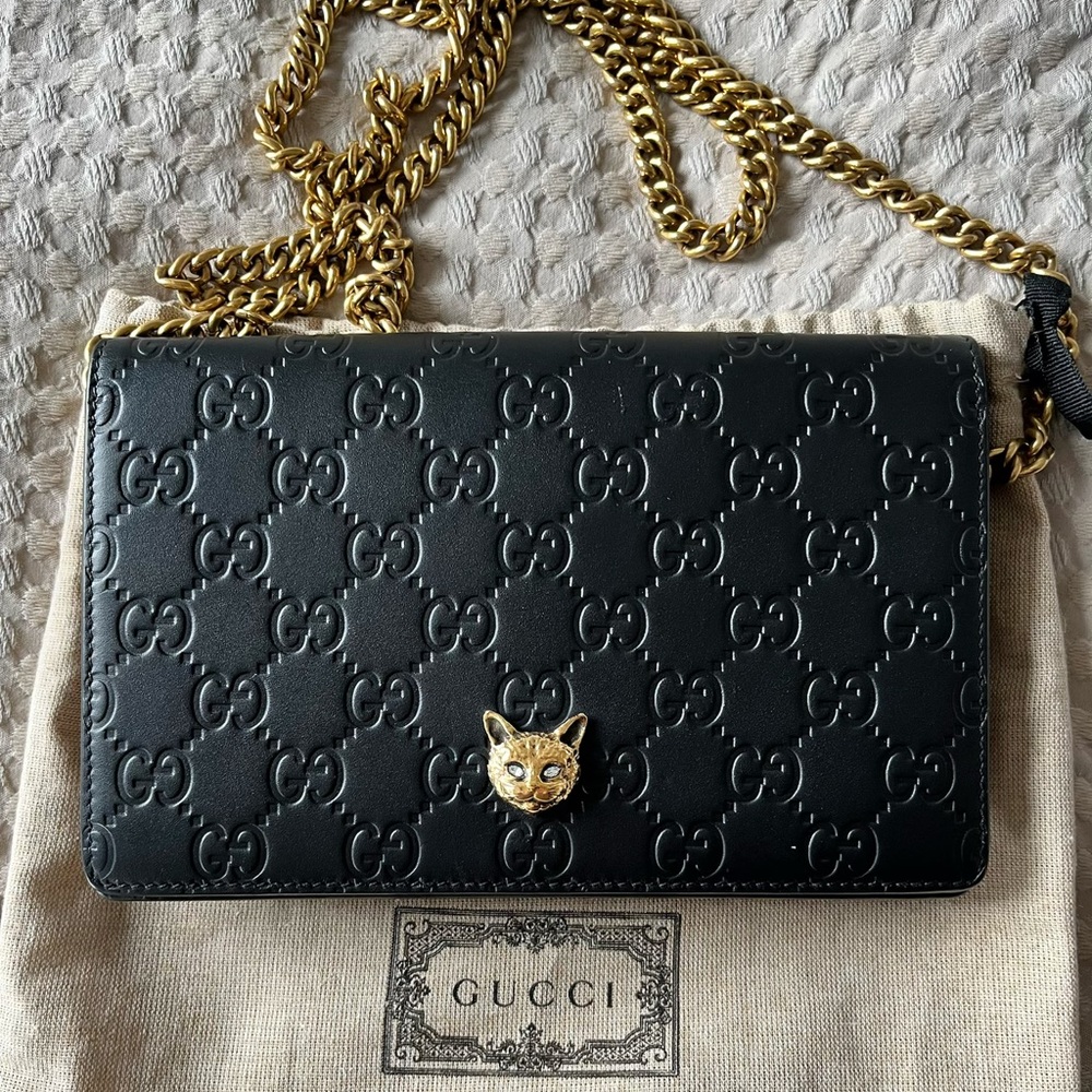 Authentic Guccissima Linea Cat Animalier Wallet On Chain- FREE COA